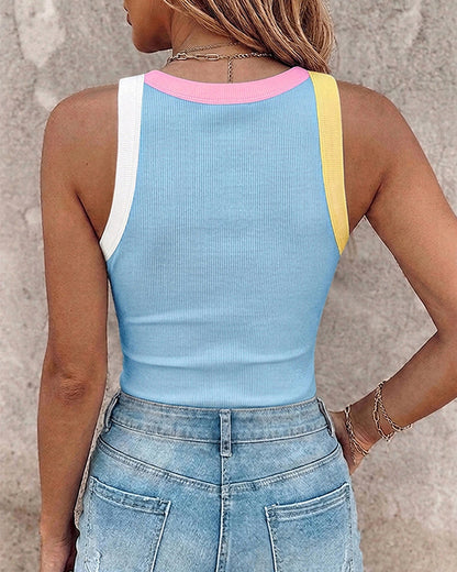 Ribbed Knit Sleeveless Scoop Neck Slim Fit Camisole Top with Built-in Bra