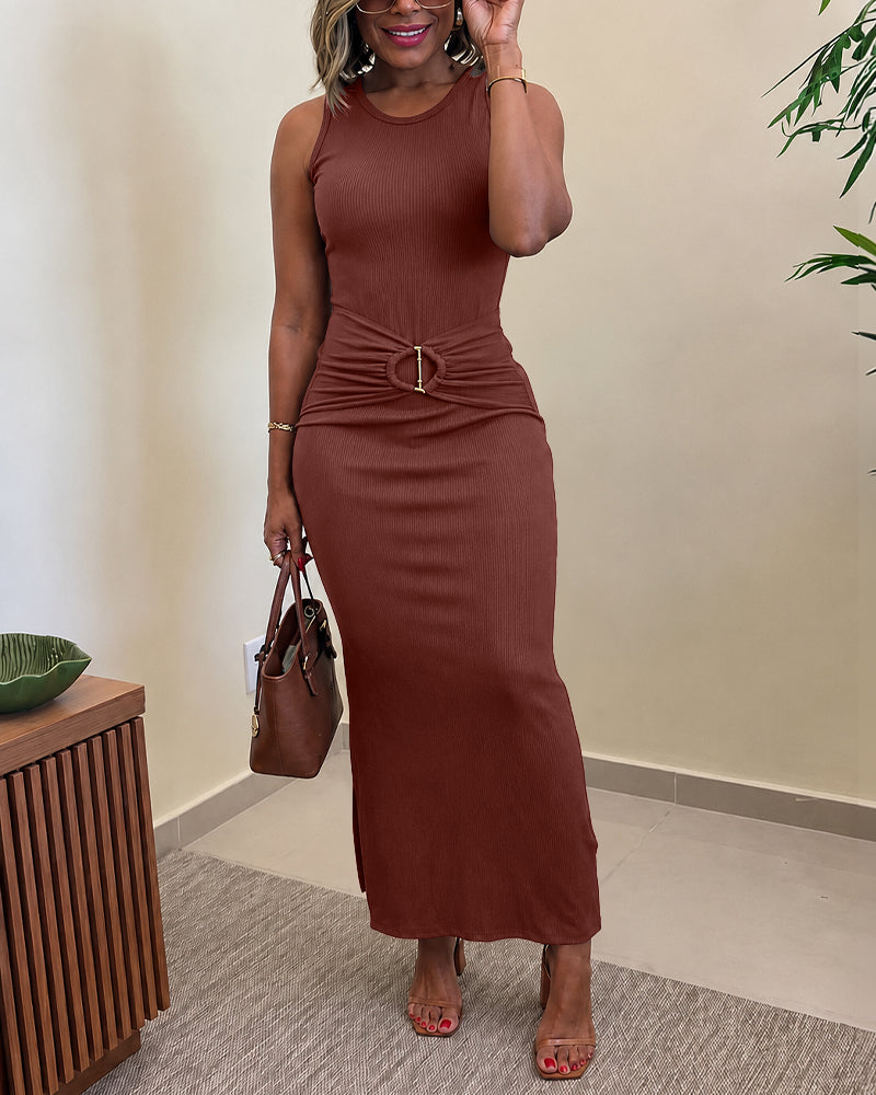 Women's Rib Knit Sleeveless Maxi Dress Ruched Gold Buckle High Waist Side Slit Bodycon Dress
