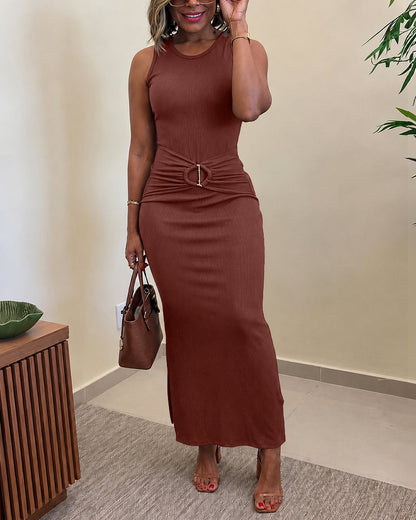 Women's Rib Knit Sleeveless Maxi Dress Ruched Gold Buckle High Waist Side Slit Bodycon Dress