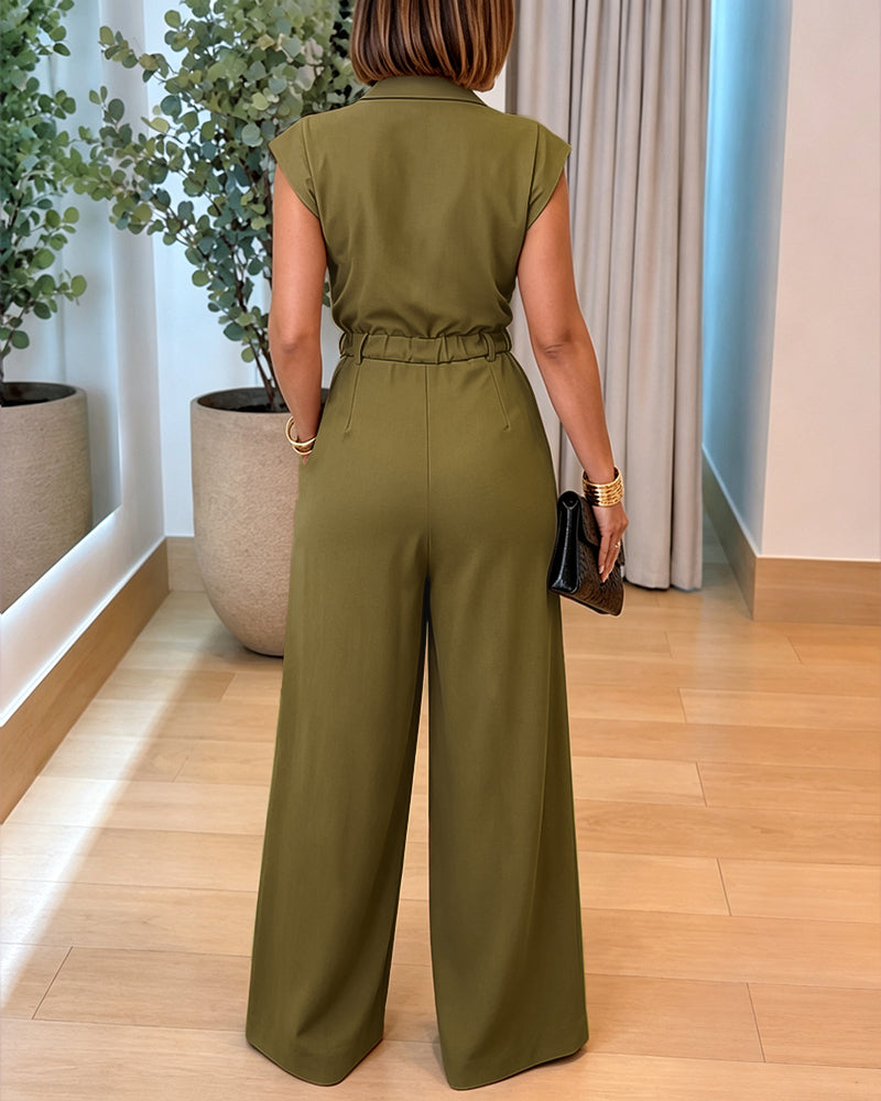 Women's Lapel V Neck Jumpsuit Cap Sleeve High Waisted Wide Leg Overalls Elegant Suit Jumpsuit