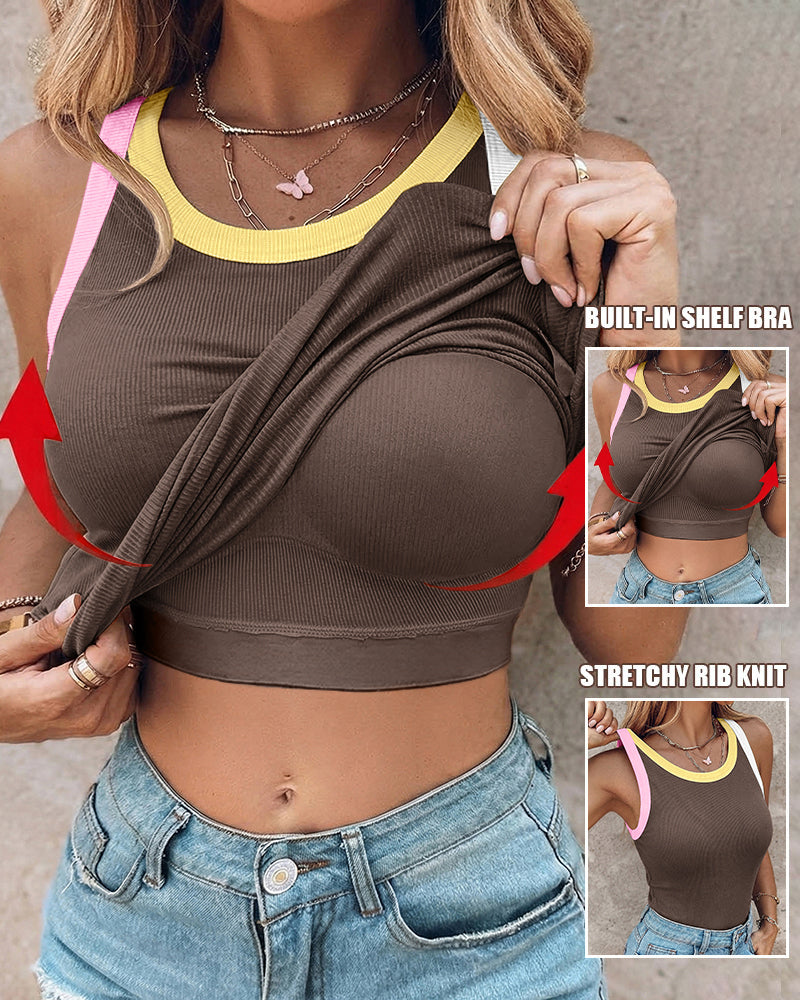Ribbed Knit Sleeveless Scoop Neck Slim Fit Camisole Top with Built-in Bra