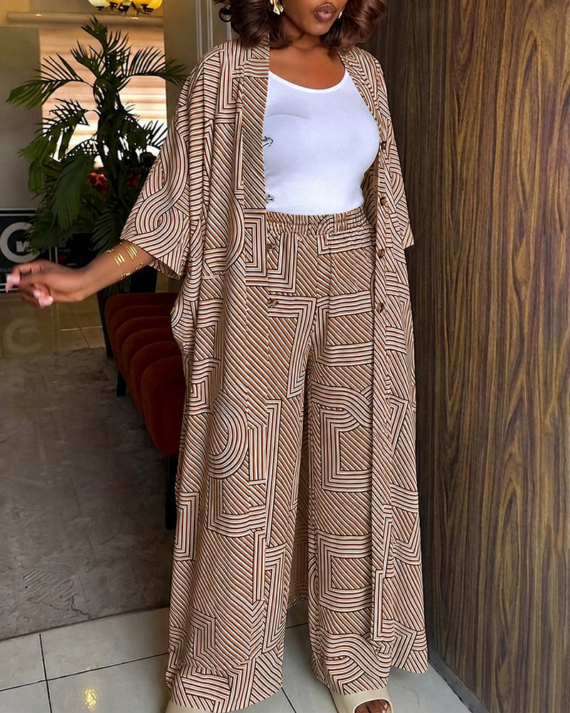 Women's Geometric Print 2 Piece Outfits Batwing Sleeve Loose Longline Coat and High Waisted Wide Leg Pants Set