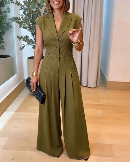 Women's Lapel V Neck Jumpsuit Cap Sleeve High Waisted Wide Leg Overalls Elegant Suit Jumpsuit