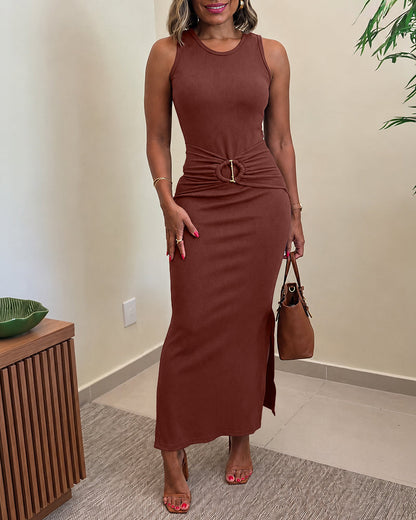 Women's Rib Knit Sleeveless Maxi Dress Ruched Gold Buckle High Waist Side Slit Bodycon Dress