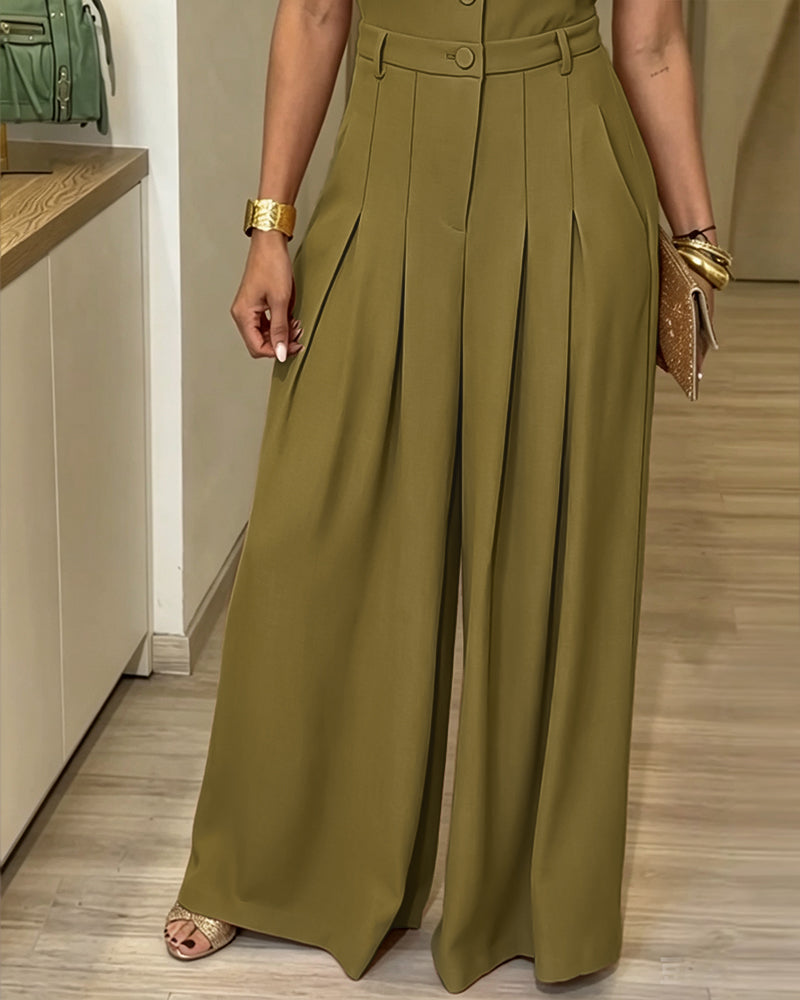 Women's Lapel V Neck Jumpsuit Cap Sleeve High Waisted Wide Leg Overalls Elegant Suit Jumpsuit