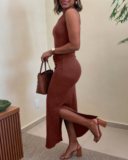 Women's Rib Knit Sleeveless Maxi Dress Ruched Gold Buckle High Waist Side Slit Bodycon Dress