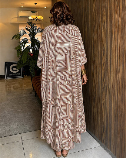 Women's Geometric Print 2 Piece Outfits Batwing Sleeve Loose Longline Coat and High Waisted Wide Leg Pants Set