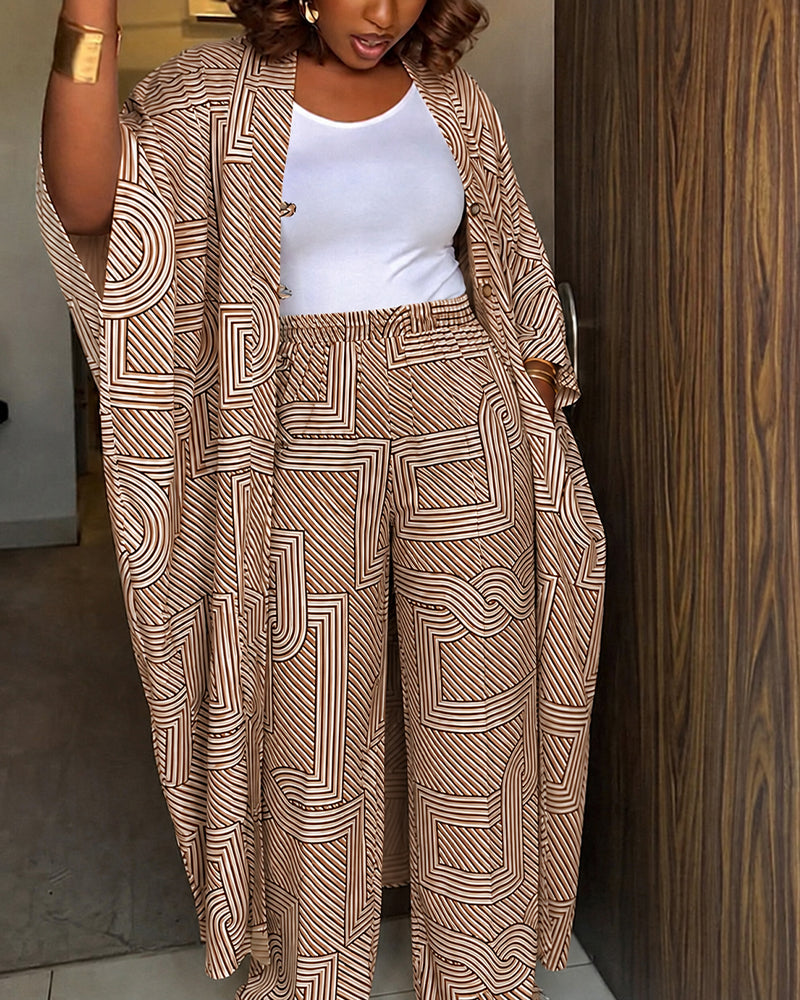 Women's Geometric Print 2 Piece Outfits Batwing Sleeve Loose Longline Coat and High Waisted Wide Leg Pants Set