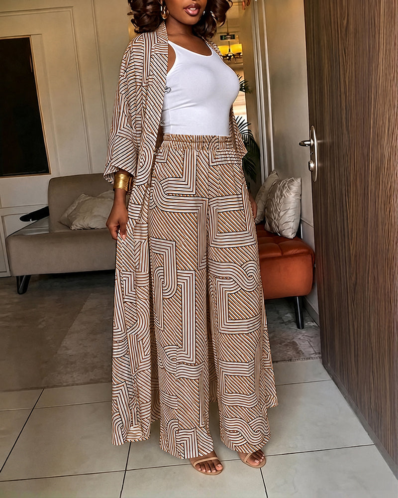 Women's Geometric Print 2 Piece Outfits Batwing Sleeve Loose Longline Coat and High Waisted Wide Leg Pants Set