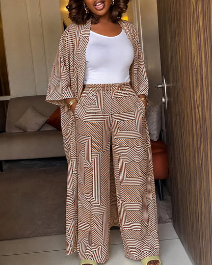 Women's Geometric Print 2 Piece Outfits Batwing Sleeve Loose Longline Coat and High Waisted Wide Leg Pants Set