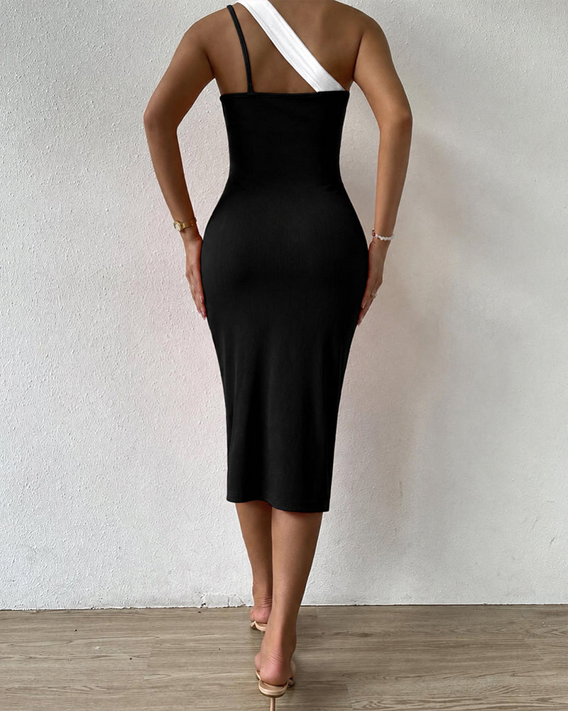 Women's Asymmetric One Shoulder Bodycon Dress Colorblock Cutout Adjustable Strap Wrap Slit Midi Dress
