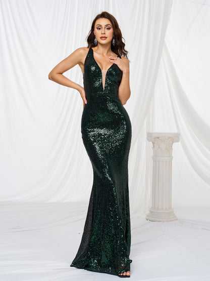 Open Back Sleeveless Sequin Mermaid Dress