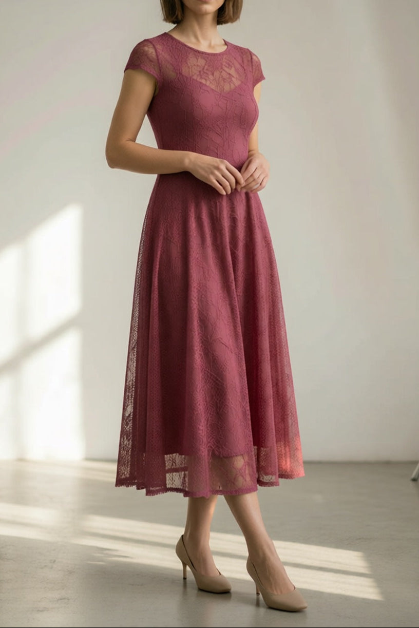 Dusty Rose Hollow Floral Lace Round Neck Cap Sleeve Built-In Slip Flared A-Line Midi Dress