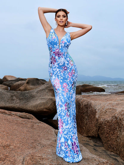 V-neck Blue Floral Sequin Maxi Dress