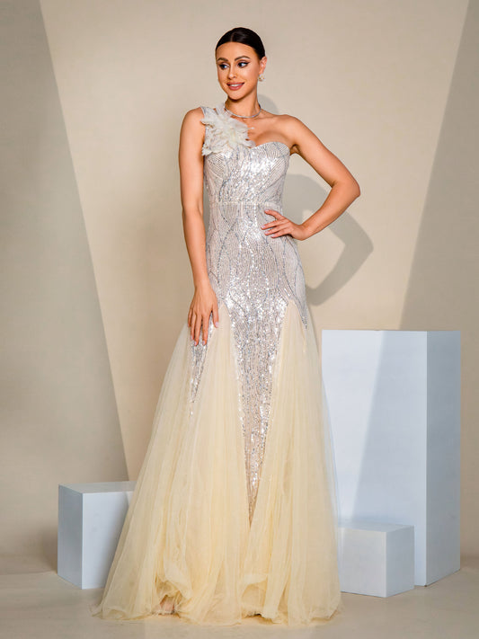 One Shoulder Applique Wedding Guest Dress