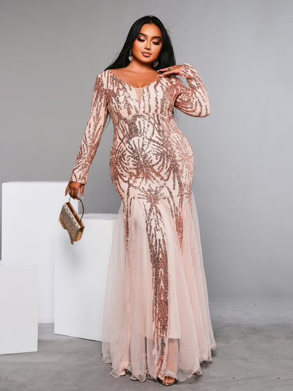 Plus Long Sleeve Sequin Prom Dress