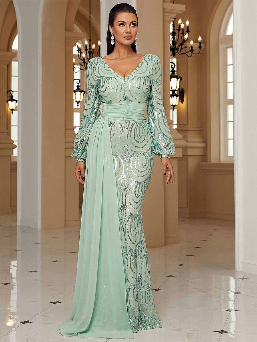 Formal Draping Sequin Long Sleeve Dress