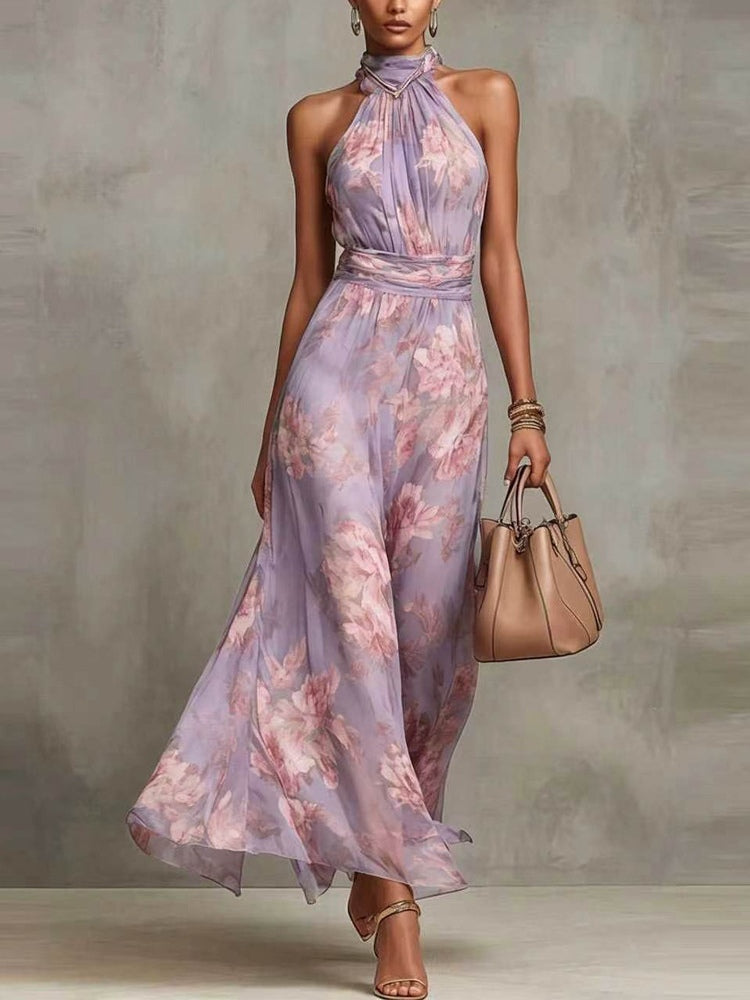 polly Green Floral Chiffon Halter Maxi Dress
