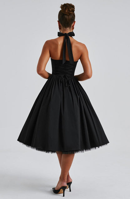 Lace Embroidery Cressida Midi Dress - Black
