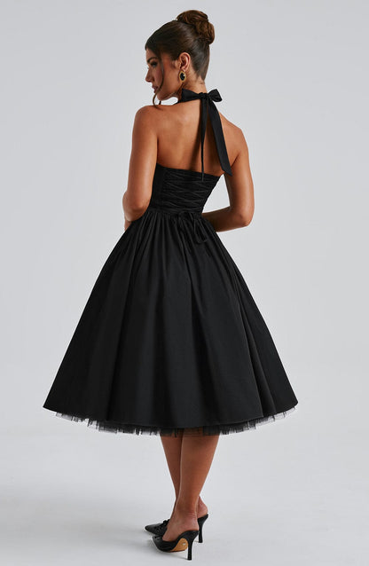 Lace Embroidery Cressida Midi Dress - Black