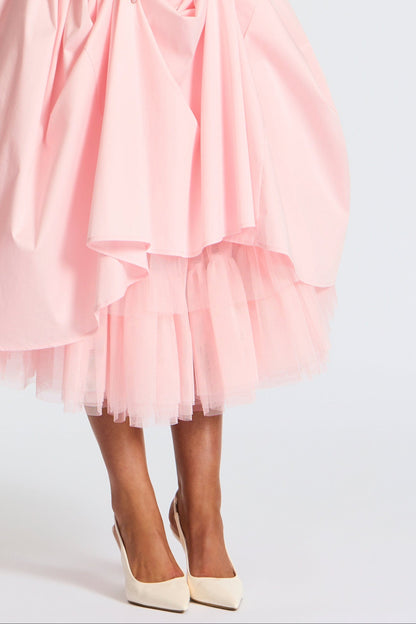 Flower Embroidery Cressida backless puffy Midi Dress - Blush