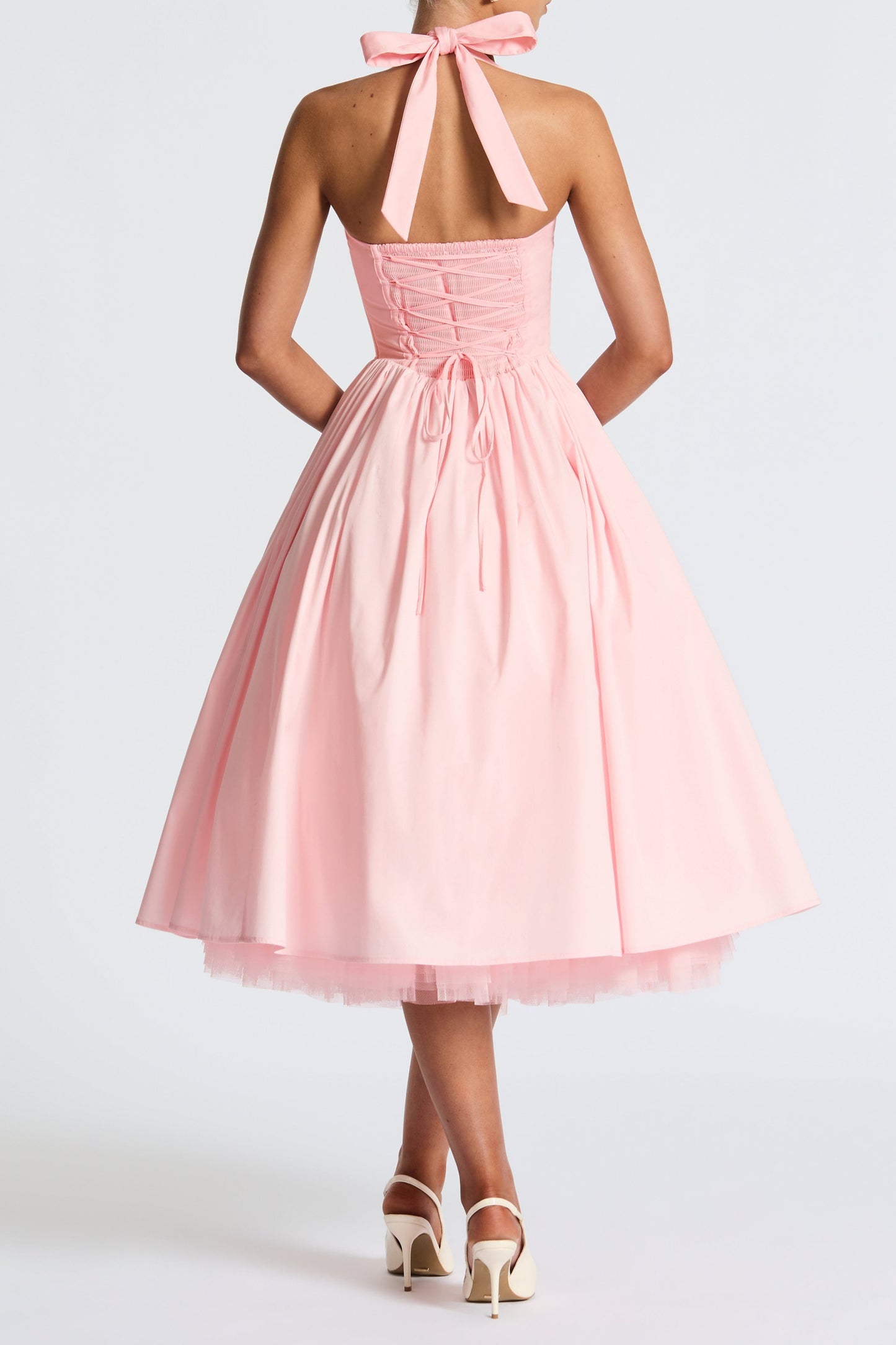 Flower Embroidery Cressida backless puffy Midi Dress - Blush