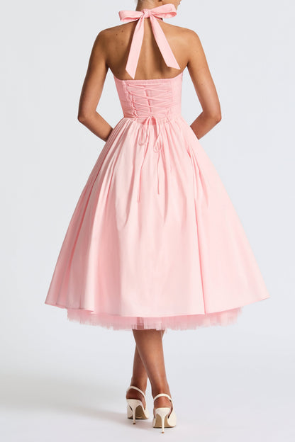 Flower Embroidery Cressida backless puffy Midi Dress - Blush