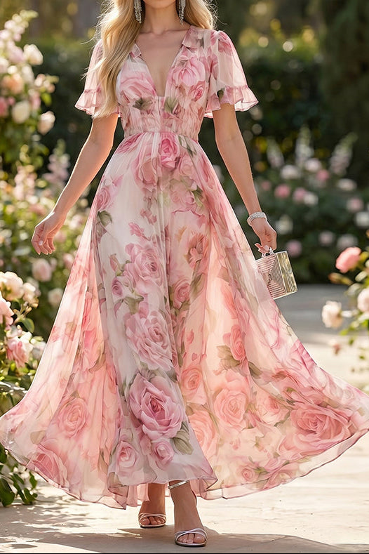 Watercolor Pink Rose Print Chiffon Deep V Ruffle Short Sleeve Smocked Waist Maxi Dress