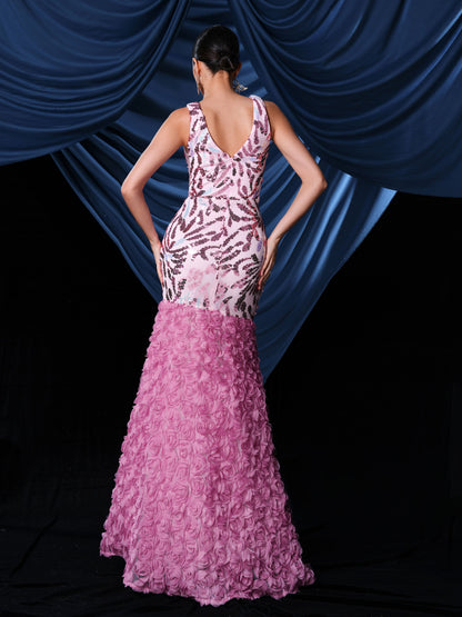 Floral Split Hem Sequin Panel Tulle Dress