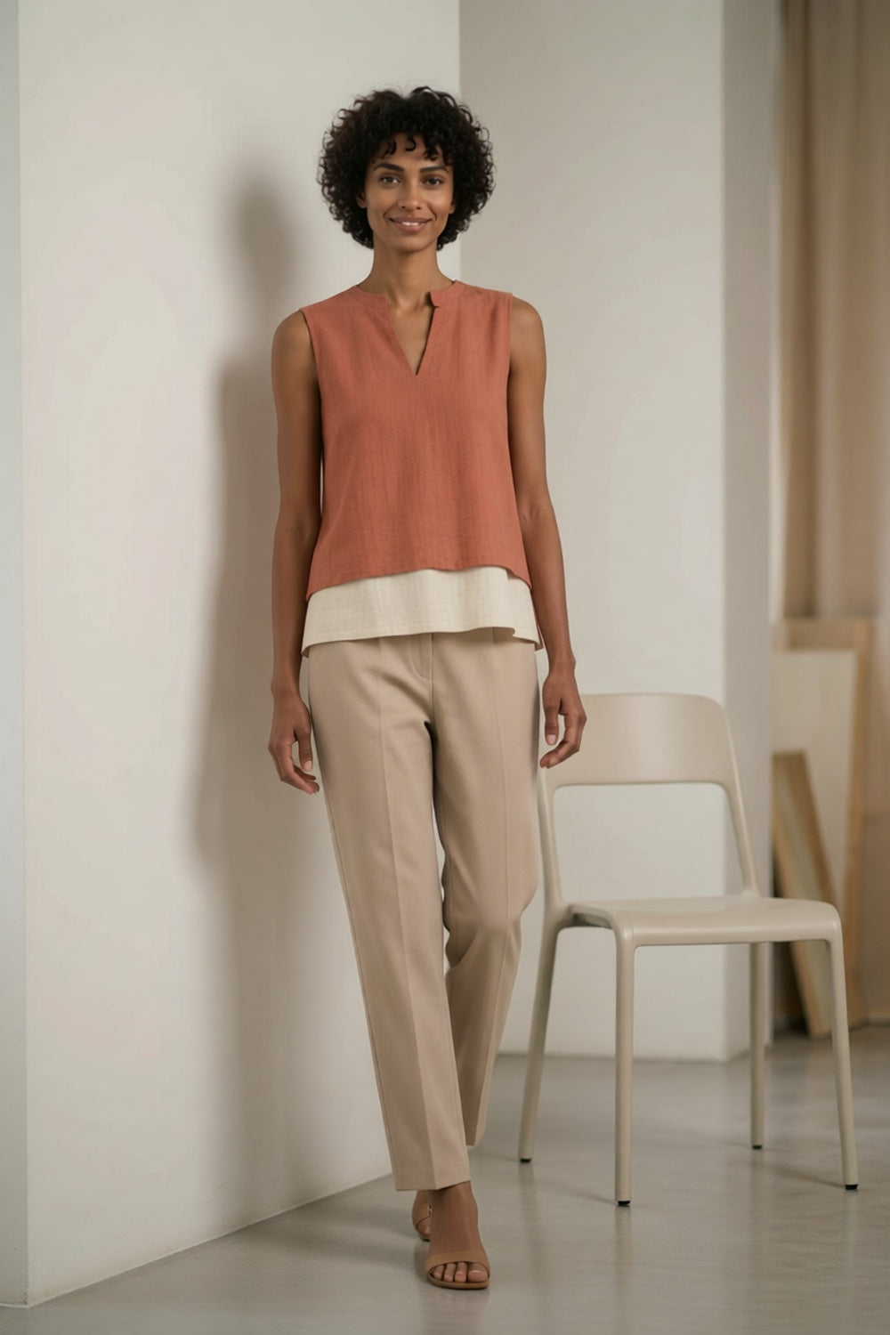 Split Neck Layered Sleeveless Linen Blend Top