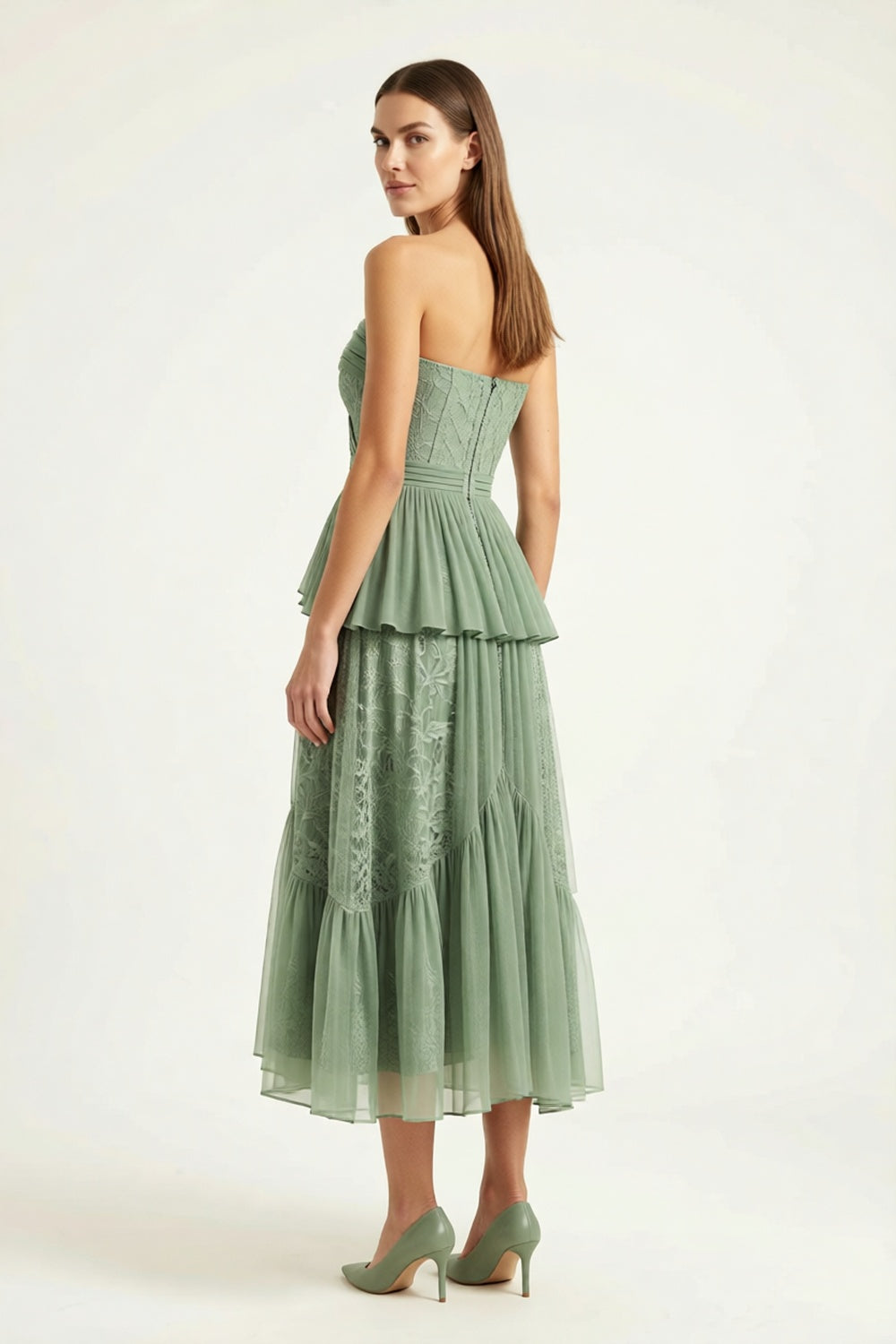 Sea-Glass Green Strapless Midi Dress sea-glass green matte crepe, compact viscose or washed satin with low shine Midi Dress - product view 4
