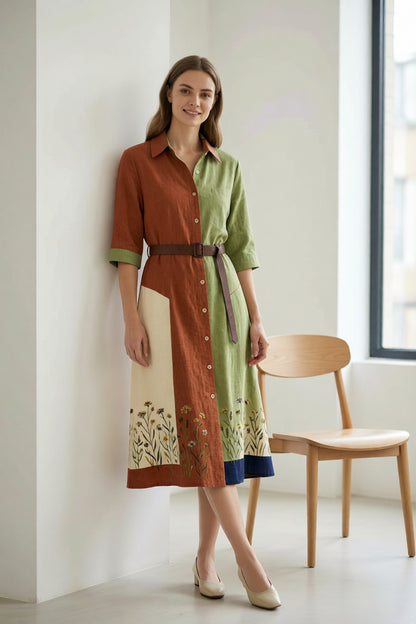 Linen Cotton Shirt Dress with Botanical Print, Color Block Design & Waist Belt