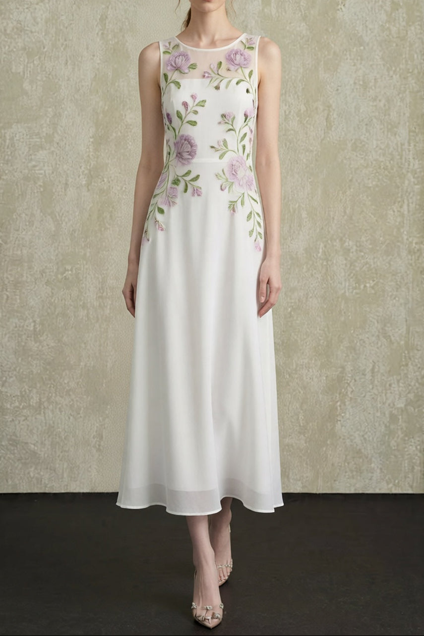 White Sleeveless Round Neck Sheer Mesh Bust Panel Handmade Purple Rose Floral Embroidery Flowy A-Line Midi Dress