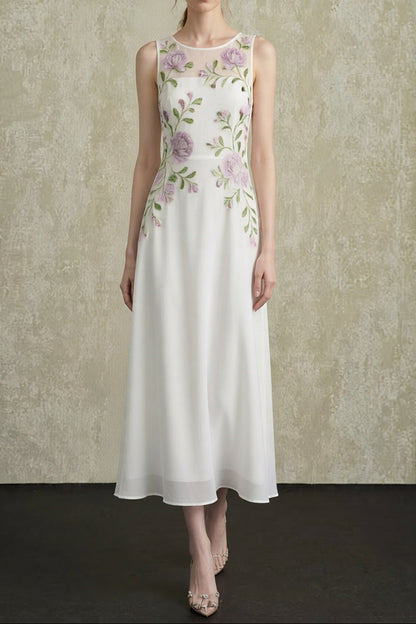 White Sleeveless Round Neck Sheer Mesh Bust Panel Handmade Purple Rose Floral Embroidery Flowy A-Line Midi Dress