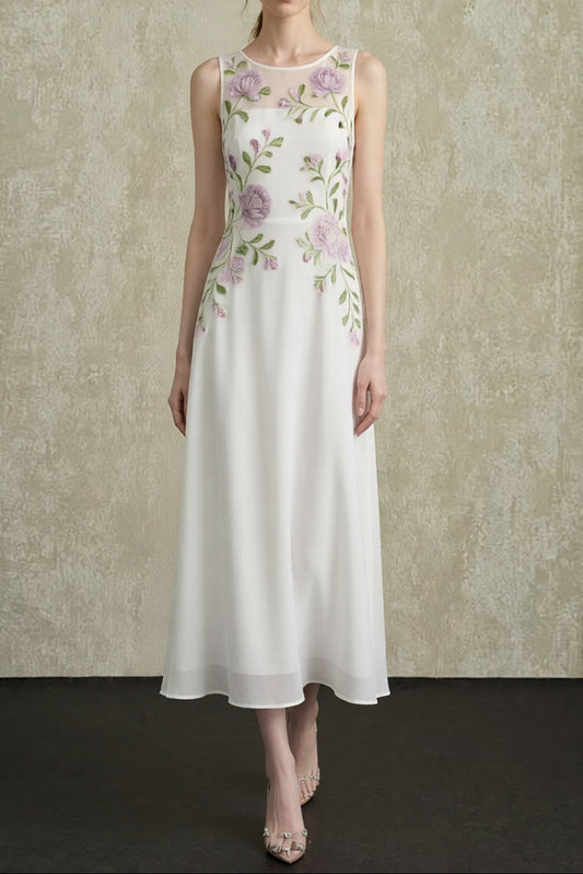 White Sleeveless Round Neck Sheer Mesh Bust Panel Handmade Purple Rose Floral Embroidery Flowy A-Line Midi Dress