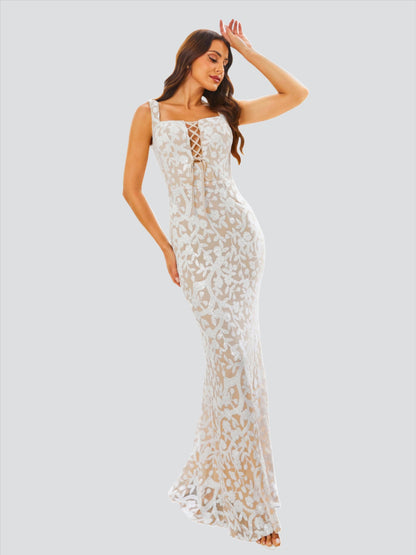 Lace Up Leaf Sequin Prom Dress