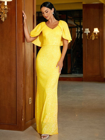 Puncho Back Puff Sleeve Sequin Evening Dress