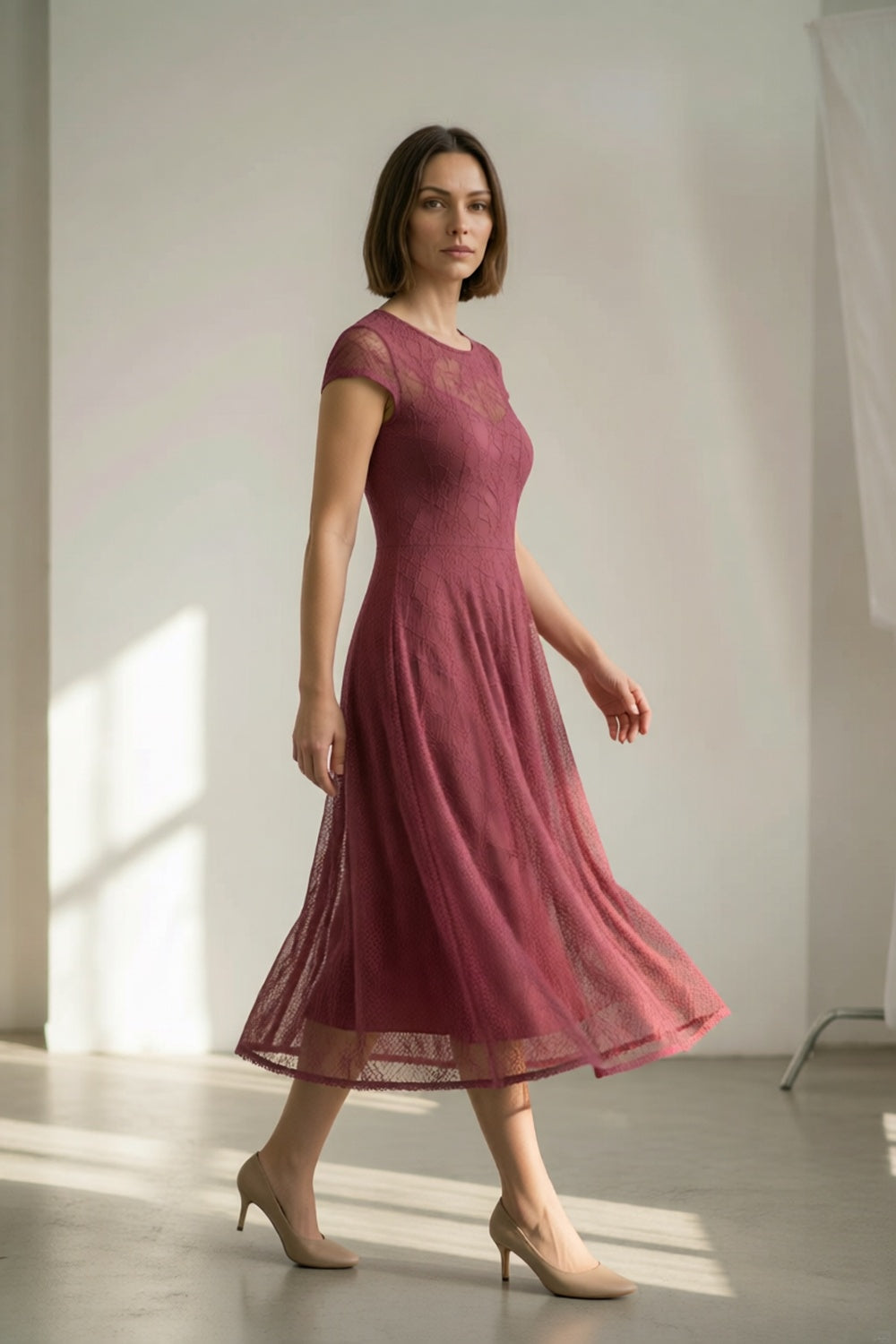 Dusty Rose Hollow Floral Lace Round Neck Cap Sleeve Built-In Slip Flared A-Line Midi Dress
