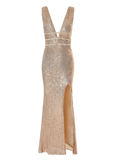 V-neck Split Sequin Prom Dress
