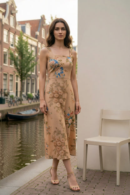 Khaki Multi-Tone Vintage Rose Floral Print Square Neck Thin Spaghetti Strap Satin Midi Slip Dress