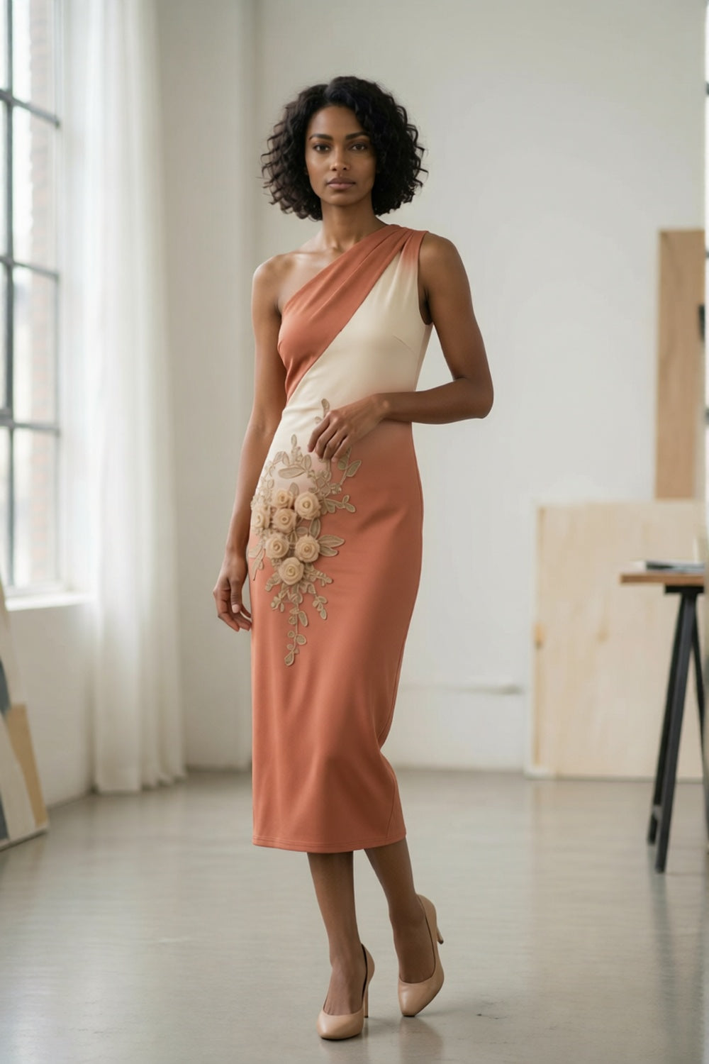 Terracotta Beige Ombre Gradient Asymmetrical One Shoulder 3D Rose Floral Applique Slim Bodycon Midi Dress