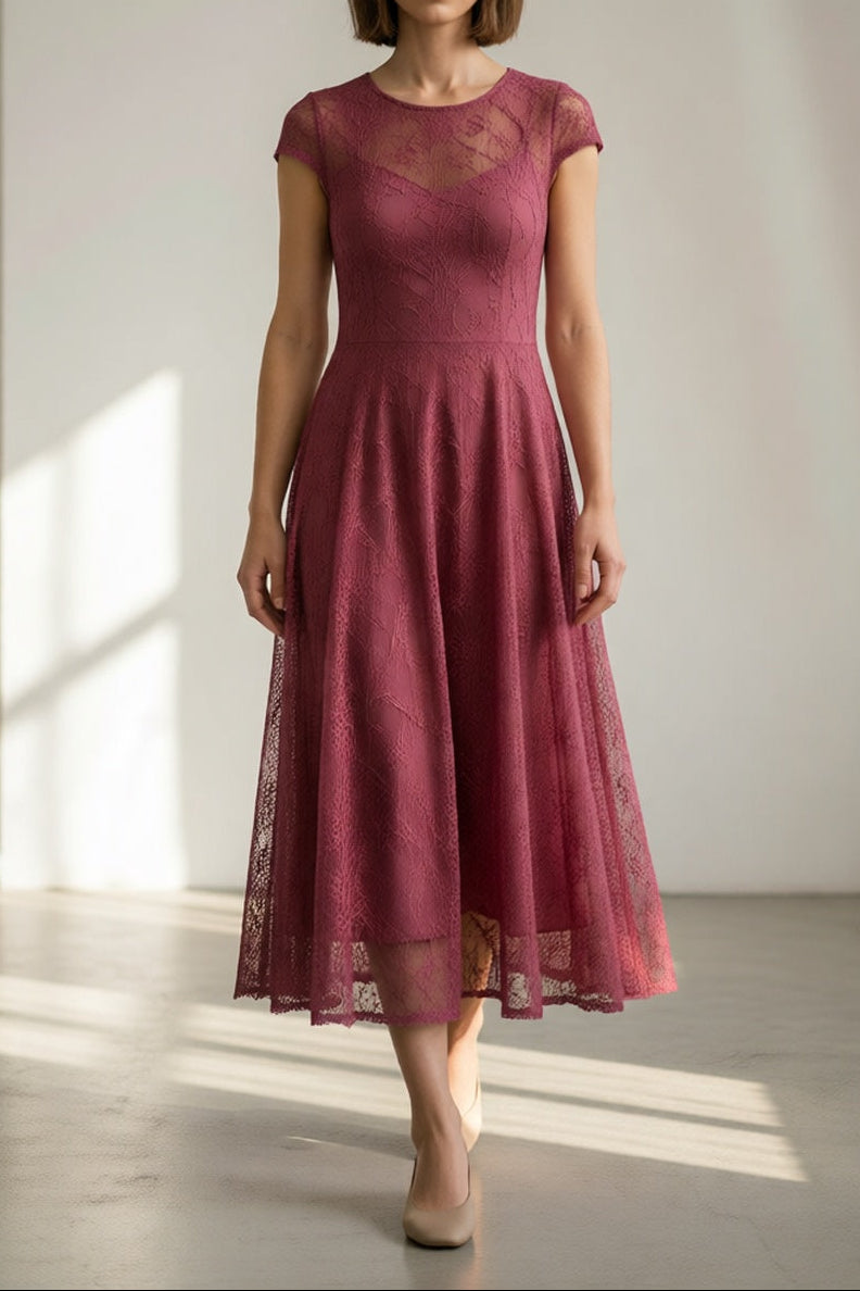 Dusty Rose Hollow Floral Lace Round Neck Cap Sleeve Built-In Slip Flared A-Line Midi Dress
