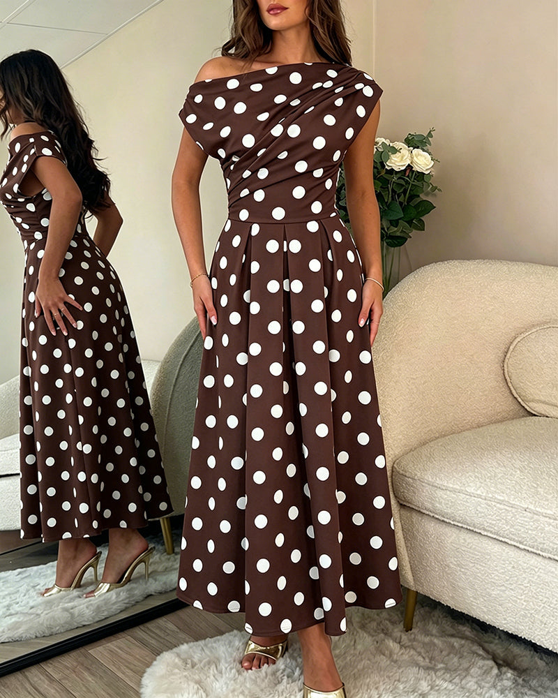 Women's Skew Neck Polka Dot Maxi Dress Ruched A-Line Swing Dress Elegant Party Cocktail Dress with Pockets
