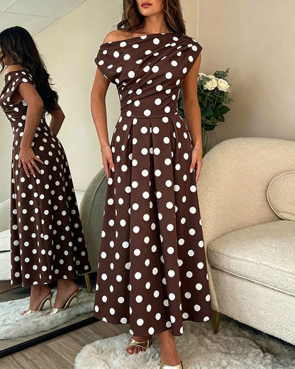 Women's Skew Neck Polka Dot Maxi Dress Ruched A-Line Swing Dress Elegant Party Cocktail Dress with Pockets