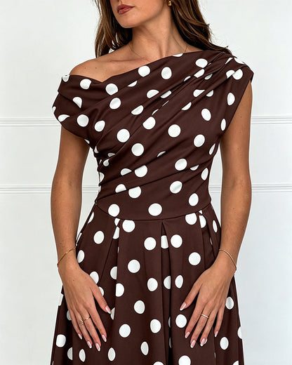 Women's Skew Neck Polka Dot Maxi Dress Ruched A-Line Swing Dress Elegant Party Cocktail Dress with Pockets
