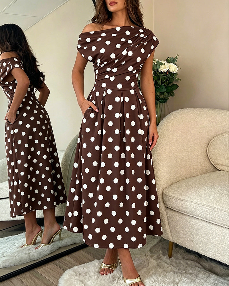 Women's Skew Neck Polka Dot Maxi Dress Ruched A-Line Swing Dress Elegant Party Cocktail Dress with Pockets