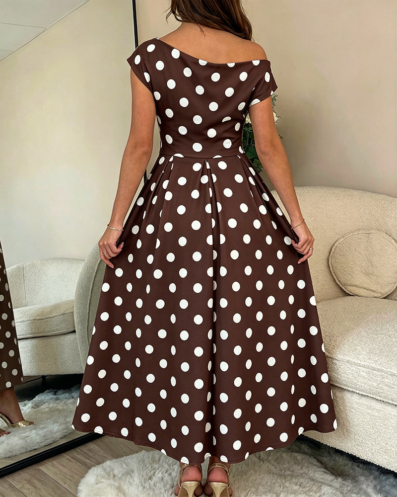 Women's Skew Neck Polka Dot Maxi Dress Ruched A-Line Swing Dress Elegant Party Cocktail Dress with Pockets