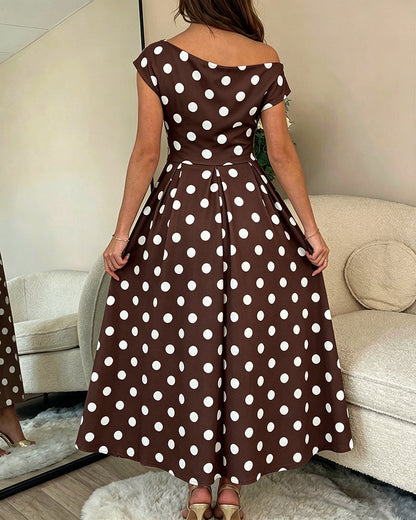Women's Skew Neck Polka Dot Maxi Dress Ruched A-Line Swing Dress Elegant Party Cocktail Dress with Pockets