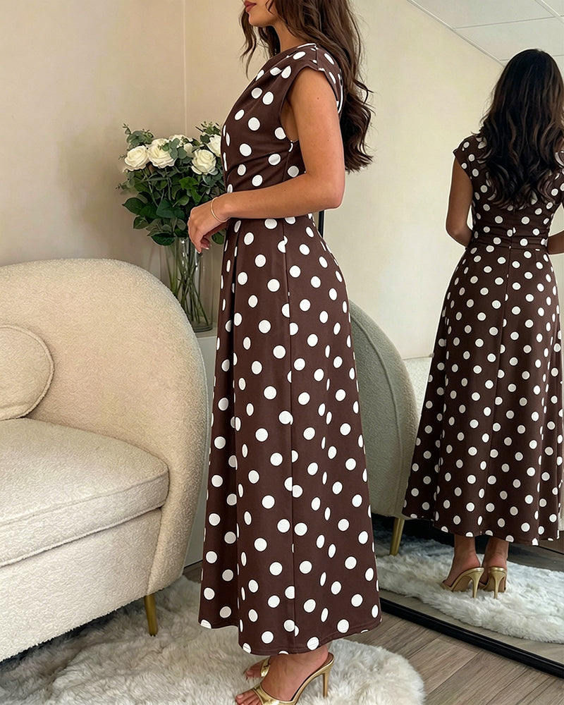Women's Skew Neck Polka Dot Maxi Dress Ruched A-Line Swing Dress Elegant Party Cocktail Dress with Pockets