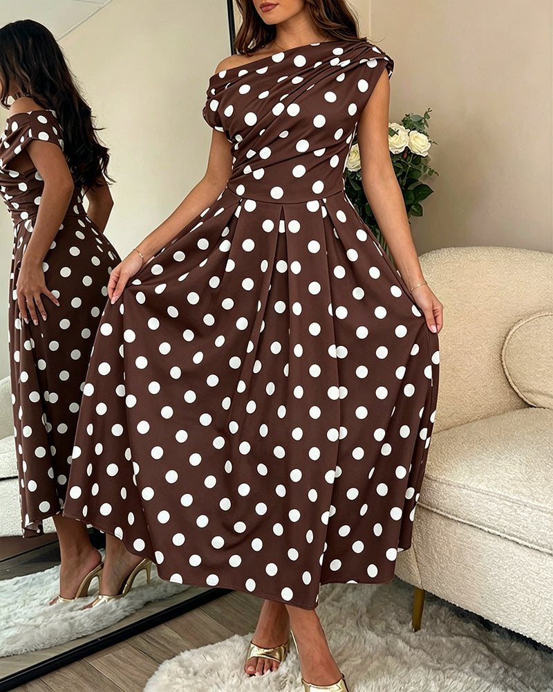 Women's Skew Neck Polka Dot Maxi Dress Ruched A-Line Swing Dress Elegant Party Cocktail Dress with Pockets